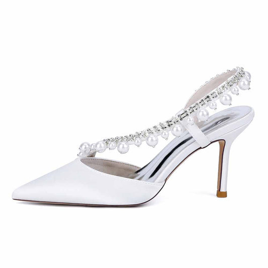 3.35" Cross Pearls Strap Wedding Shoes Satin Bridal Heels