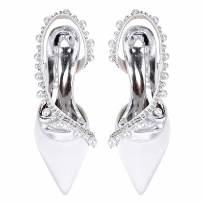 3.35" Cross Pearls Strap Wedding Shoes Satin Bridal Heels