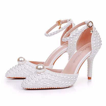 3.74" Closed Toe Wedding Shoes Pearl Bridal Shoes Prom Heels