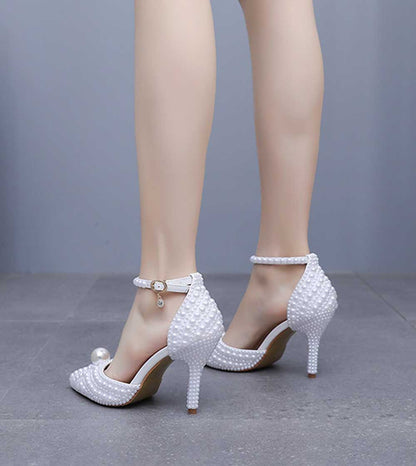 3.74" Closed Toe Wedding Shoes Pearl Bridal Shoes Prom Heels