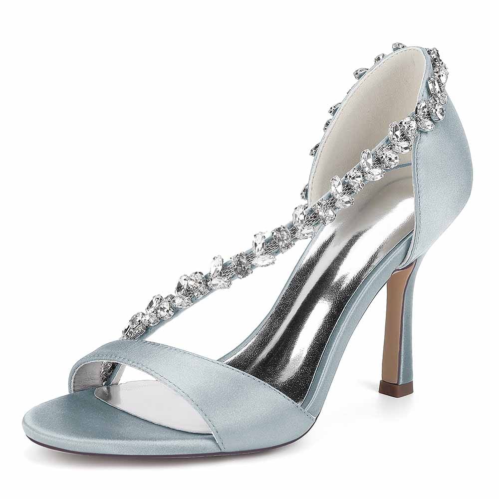 3.74" Peep Toe Cross Beaded Strap Wedding Shoes Satin Bridal Heels