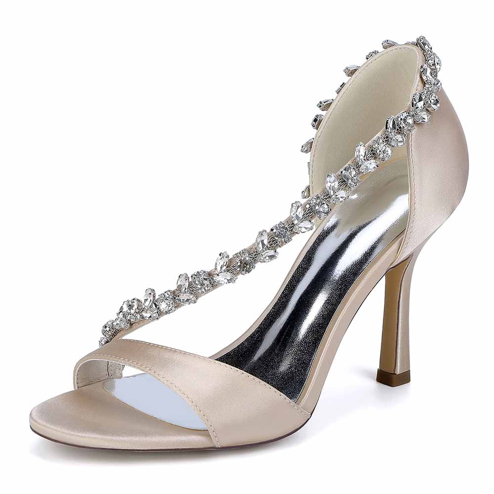 3.74" Peep Toe Cross Beaded Strap Wedding Shoes Satin Bridal Heels