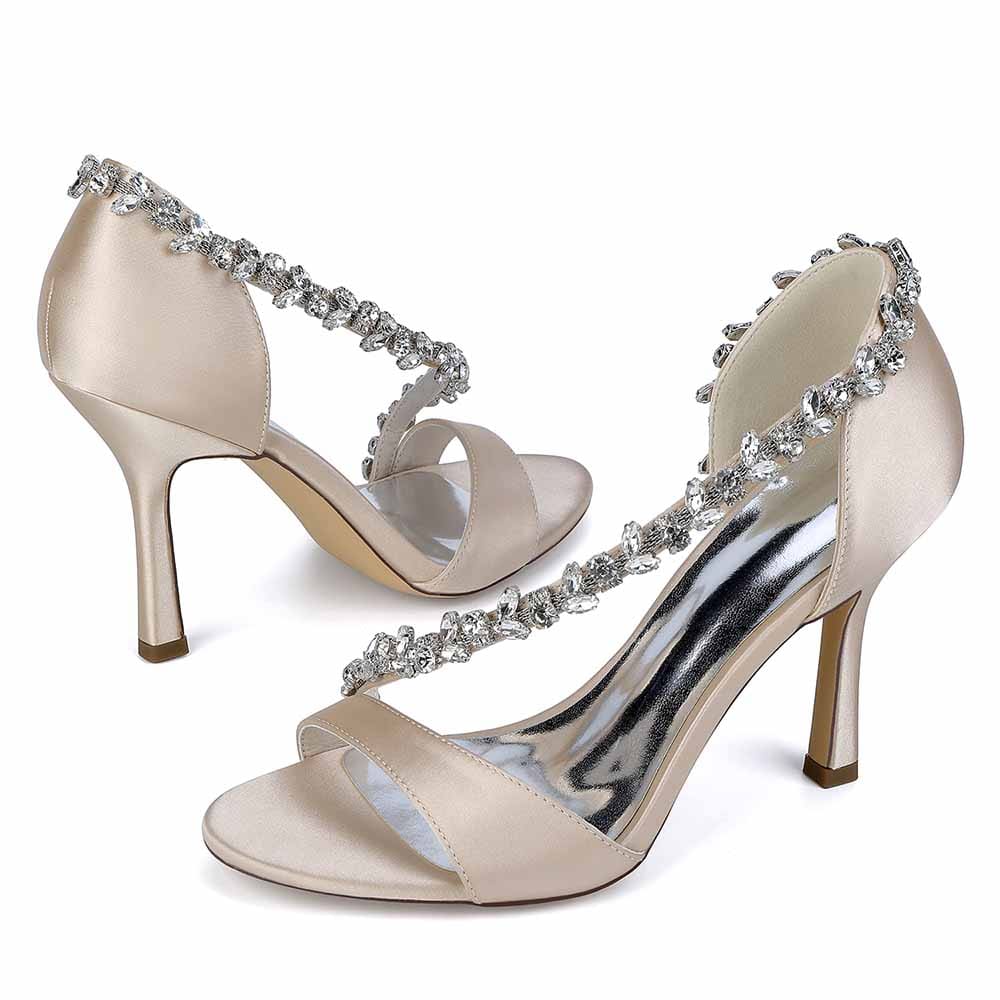 3.74" Peep Toe Cross Beaded Strap Wedding Shoes Satin Bridal Heels