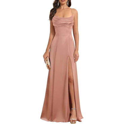 Satin Long Bridesmaid Dresses with Slit Aline Corset Long Prom Dresses