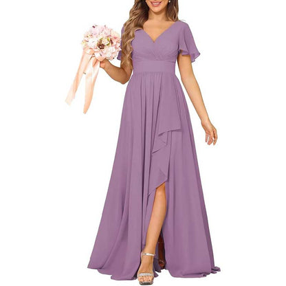 V-Neck Chiffon Bridesmaid Dress With Pocket – Short Sleeves & Elegant Side Split