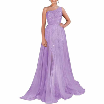 One Shoulder Prom Dress Sequin Formal Dresses Sparkly Evening Gowns Tulle Ball Gown