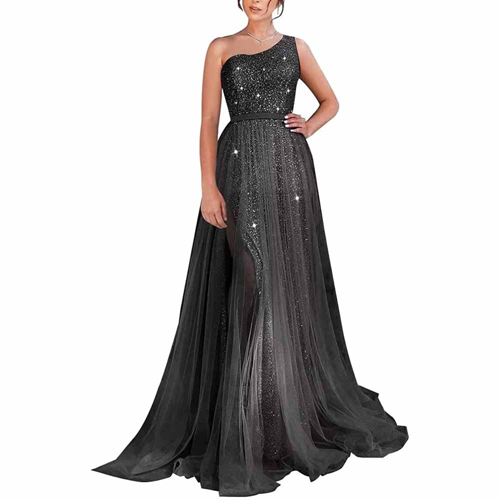 One Shoulder Prom Dress Sequin Formal Dresses Sparkly Evening Gowns Tulle Ball Gown