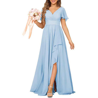 V-Neck Chiffon Bridesmaid Dress With Pocket – Short Sleeves & Elegant Side Split