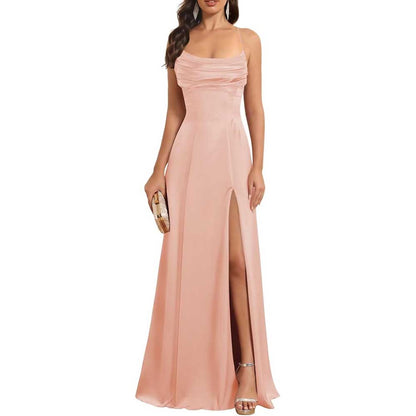 Satin Long Bridesmaid Dresses with Slit Aline Corset Long Prom Dresses