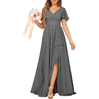 V-Neck Chiffon Bridesmaid Dress With Pocket – Short Sleeves & Elegant Side Split