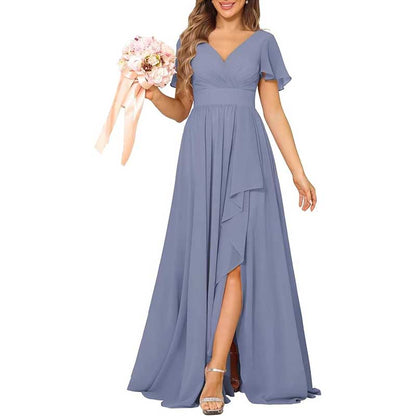 V-Neck Chiffon Bridesmaid Dress With Pocket – Short Sleeves & Elegant Side Split