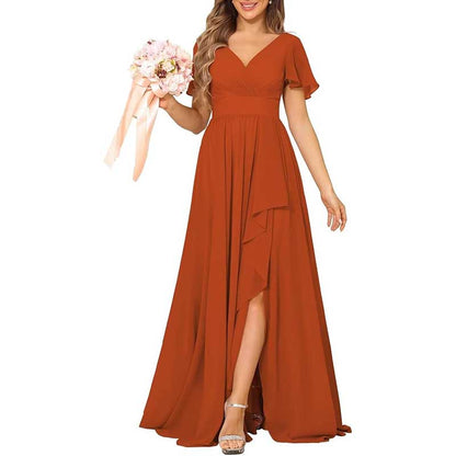 V-Neck Chiffon Bridesmaid Dress With Pocket – Short Sleeves & Elegant Side Split