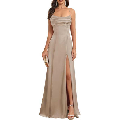 Satin Long Bridesmaid Dresses with Slit Aline Corset Long Prom Dresses