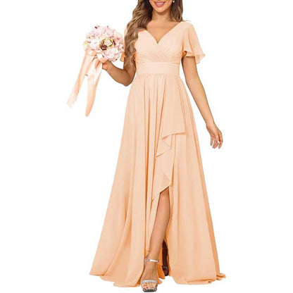 V-Neck Chiffon Bridesmaid Dress With Pocket – Short Sleeves & Elegant Side Split
