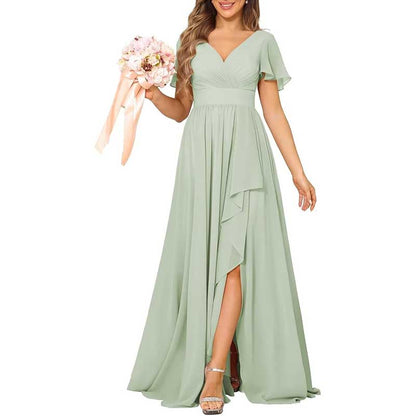 V-Neck Chiffon Bridesmaid Dress With Pocket – Short Sleeves & Elegant Side Split