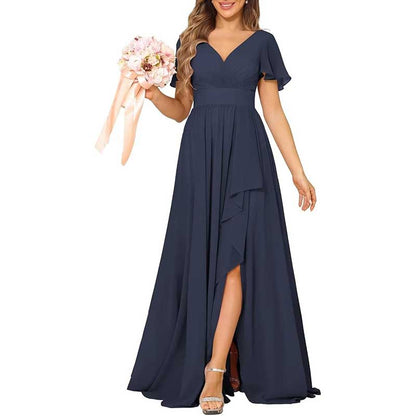 V-Neck Chiffon Bridesmaid Dress With Pocket – Short Sleeves & Elegant Side Split