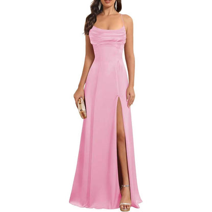 Satin Long Bridesmaid Dresses with Slit Aline Corset Long Prom Dresses