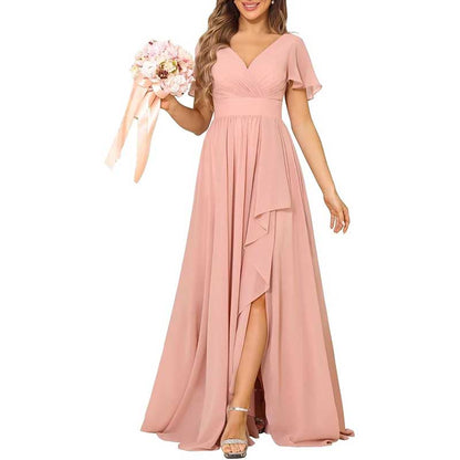 V-Neck Chiffon Bridesmaid Dress With Pocket – Short Sleeves & Elegant Side Split