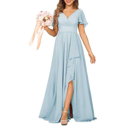 V-Neck Chiffon Bridesmaid Dress With Pocket – Short Sleeves & Elegant Side Split