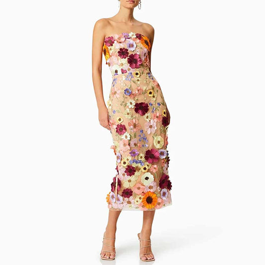 3D Floral Strapless Midi Dress