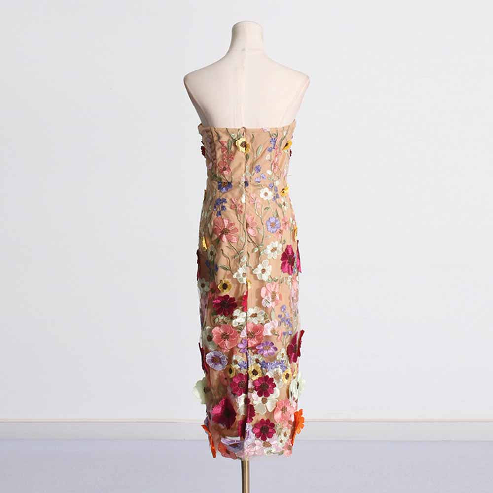 3D Floral Strapless Midi Dress