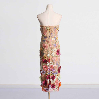 3D Floral Strapless Midi Dress