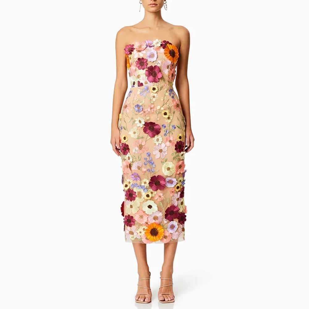 3D Floral Strapless Midi Dress