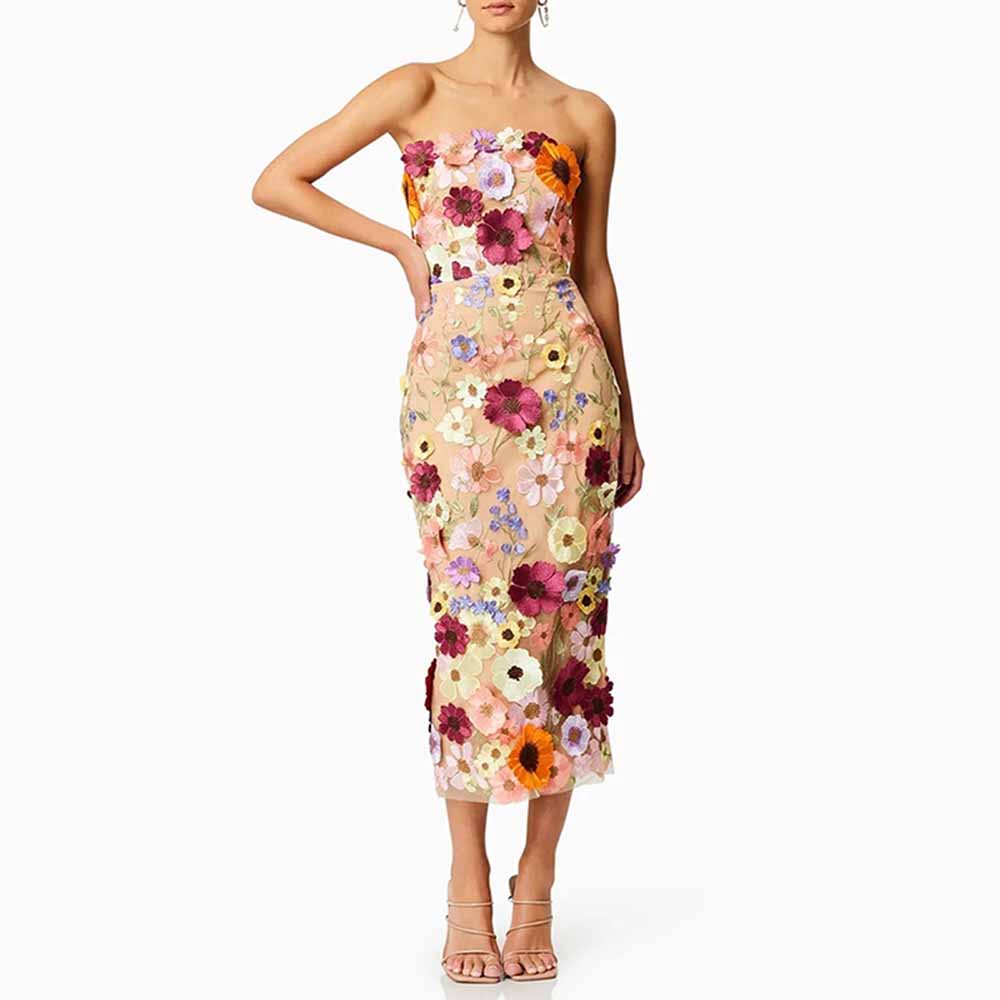 3D Floral Strapless Midi Dress