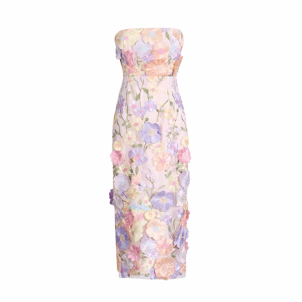 3D Floral Strapless Midi Dress