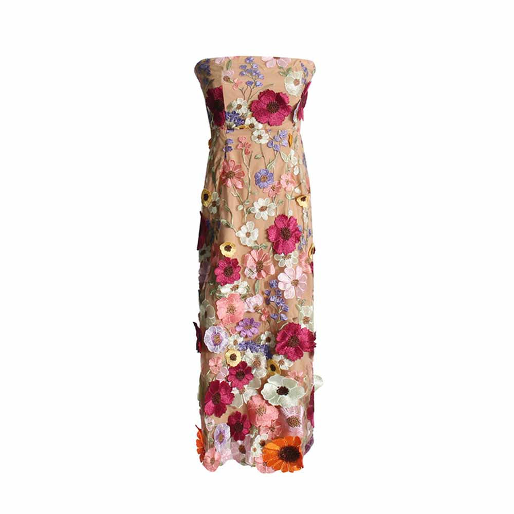 3D Floral Strapless Midi Dress