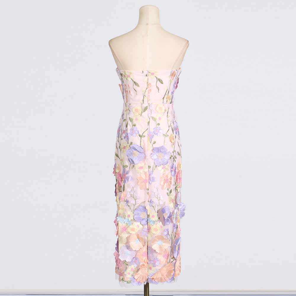 3D Floral Strapless Midi Dress