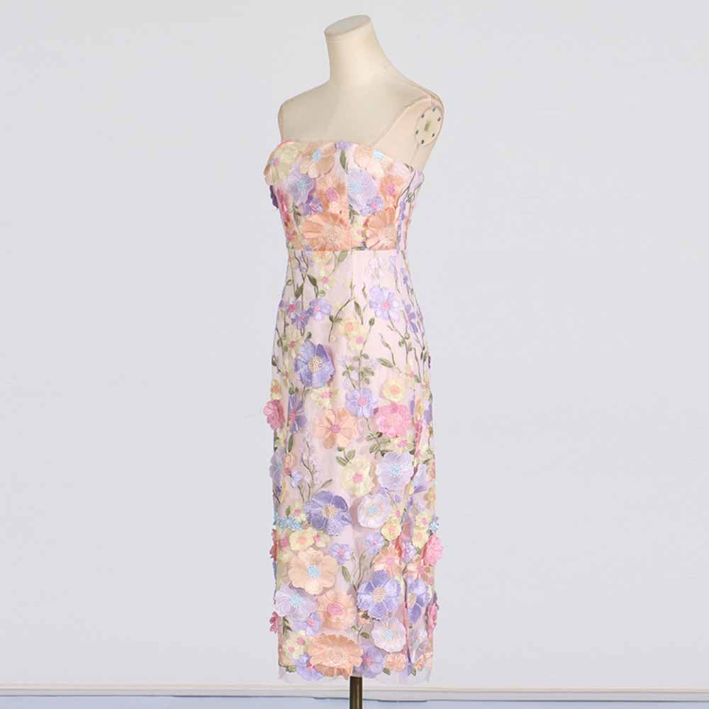 3D Floral Strapless Midi Dress