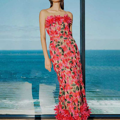 Women's 3D Flower Strapless Midi Dress
