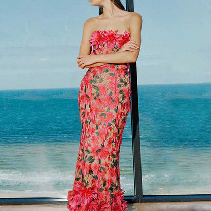 Women's 3D Flower Strapless Midi Dress