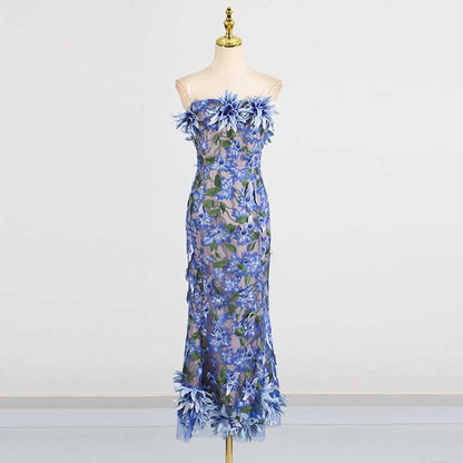 Women's 3D Flower Strapless Midi Dress