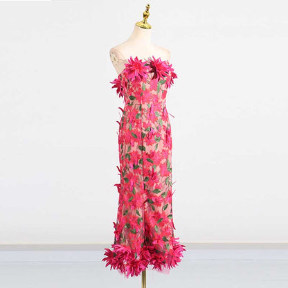 Women's 3D Flower Strapless Midi Dress