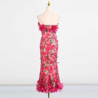 Women's 3D Flower Strapless Midi Dress