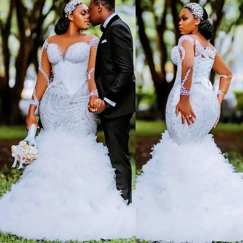 3D Floral Ruffled Mermaid Wedding Gown – Sheer Sleeves, Beaded Bridal Dress with Train