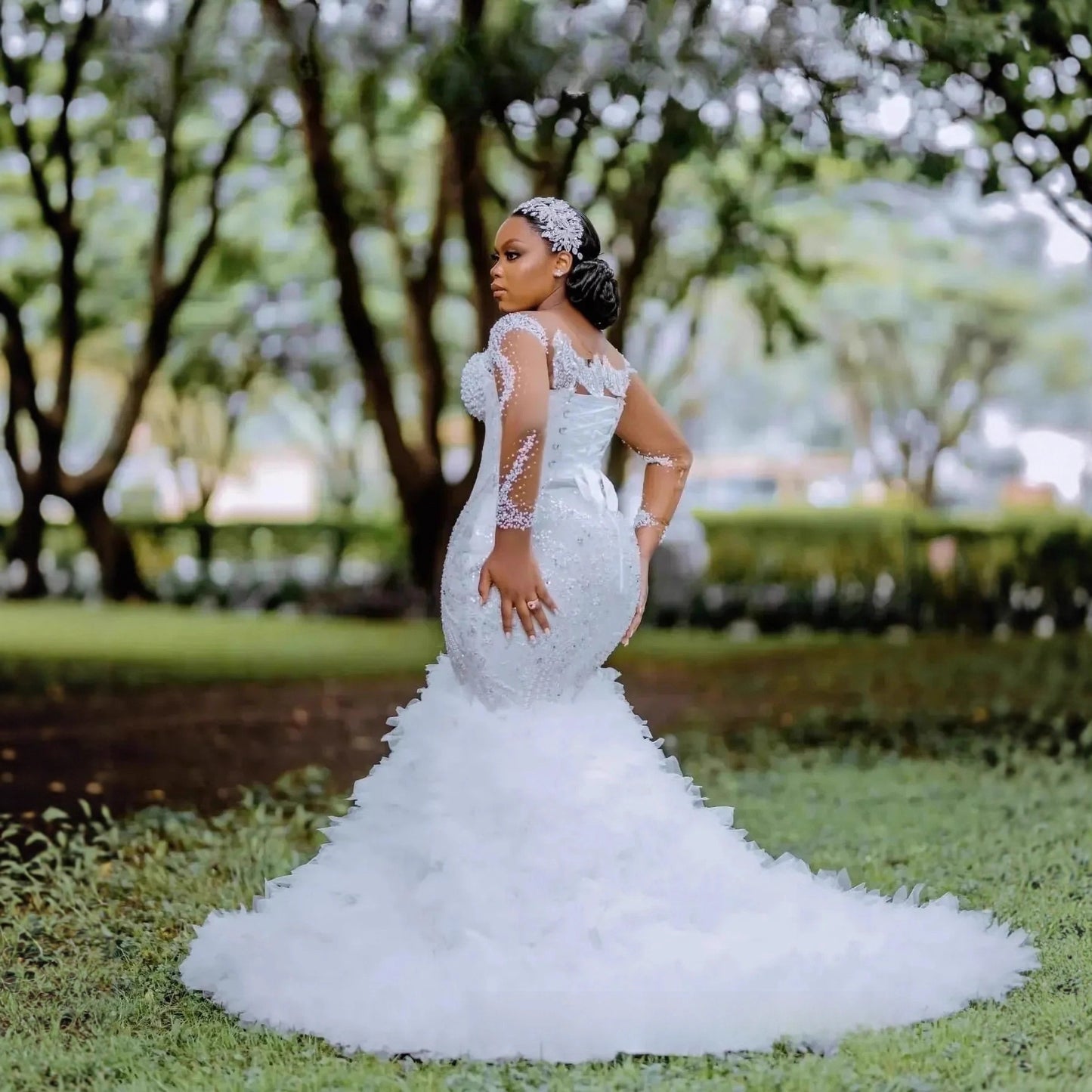 3D Floral Ruffled Mermaid Wedding Gown – Sheer Sleeves, Beaded Bridal Dress with Train