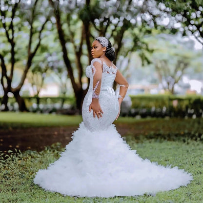 3D Floral Ruffled Mermaid Wedding Gown – Sheer Sleeves, Beaded Bridal Dress with Train