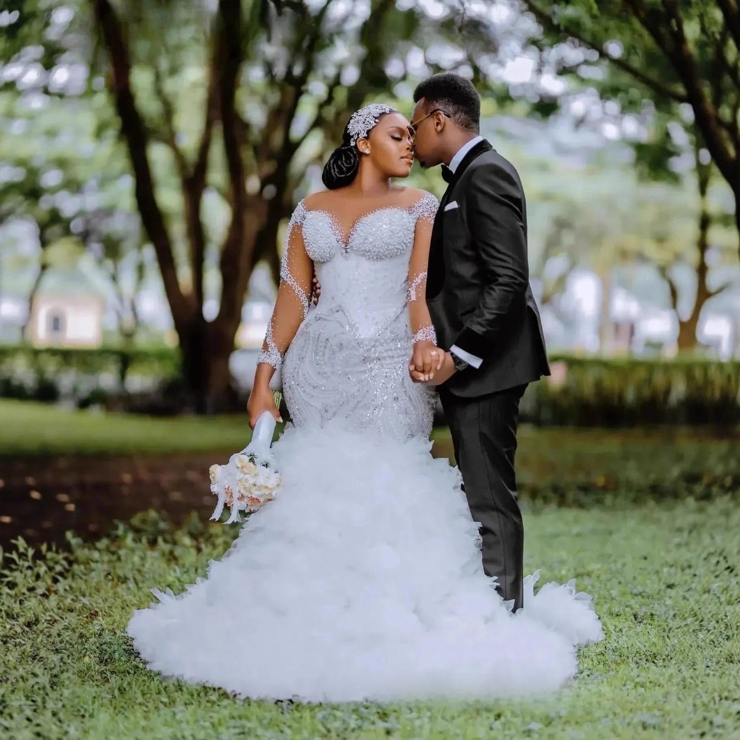 3D Floral Ruffled Mermaid Wedding Gown – Sheer Sleeves, Beaded Bridal Dress with Train