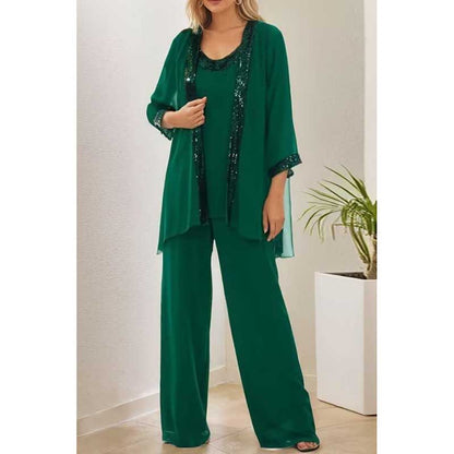 3 Pcs Mother of The Bride Outfit Wedding 3/4 Sleeves Formal Pantsuit with Jacket