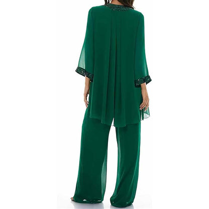 3 Pcs Mother of The Bride Outfit Wedding 3/4 Sleeves Formal Pantsuit with Jacket