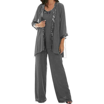 3 Pcs Mother of The Bride Outfit Wedding 3/4 Sleeves Formal Pantsuit with Jacket