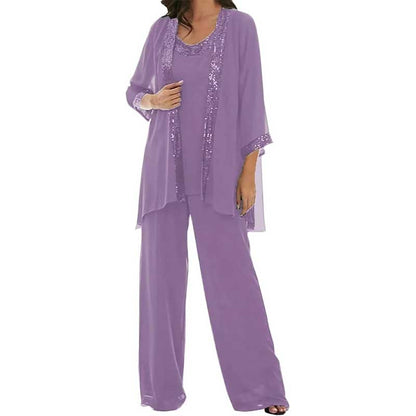 3 Pcs Mother of The Bride Outfit Wedding 3/4 Sleeves Formal Pantsuit with Jacket