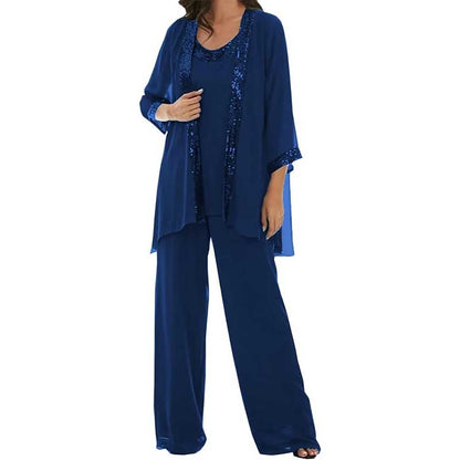 3 Pcs Mother of The Bride Outfit Wedding 3/4 Sleeves Formal Pantsuit with Jacket