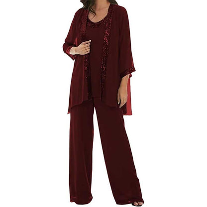 3 Pcs Mother of The Bride Outfit Wedding 3/4 Sleeves Formal Pantsuit with Jacket
