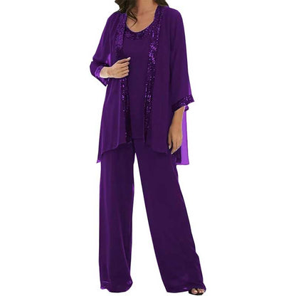 3 Pcs Mother of The Bride Outfit Wedding 3/4 Sleeves Formal Pantsuit with Jacket