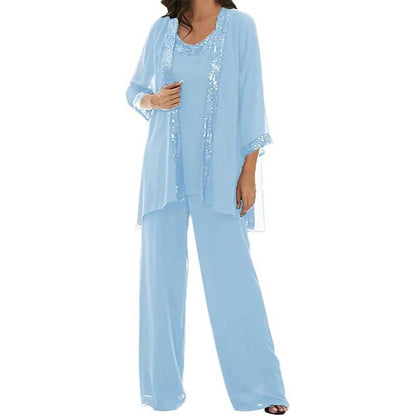 3 Pcs Mother of The Bride Outfit Wedding 3/4 Sleeves Formal Pantsuit with Jacket