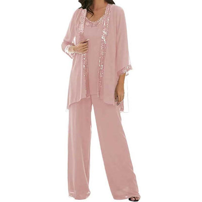 3 Pcs Mother of The Bride Outfit Wedding 3/4 Sleeves Formal Pantsuit with Jacket
